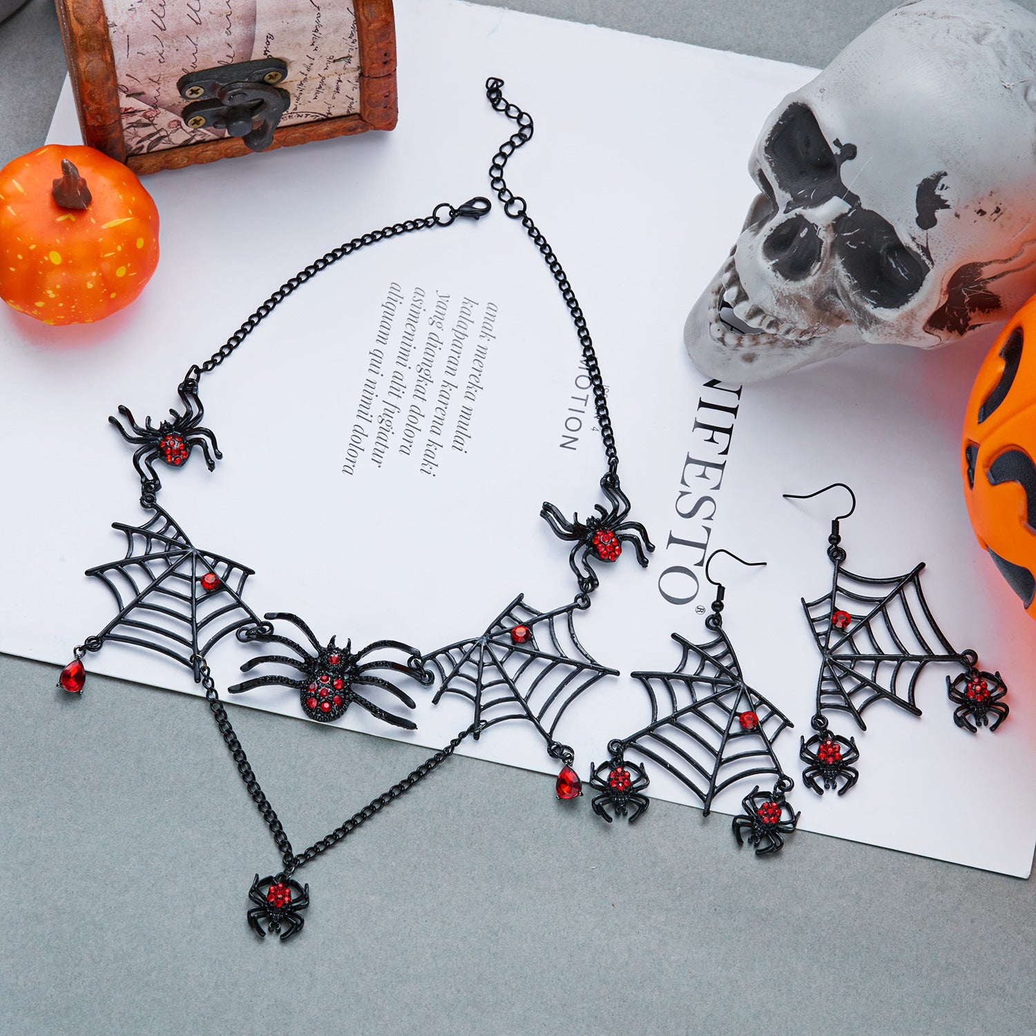 Black Spider Web Red Rhinestone Jewelry Set, Gothic Spider Choker Necklace & Dangle Earrings Halloween Punk Statement Jewelry Set For Women
