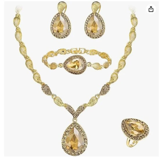 Teardrop Crystal Jewelry Set: Necklace, Earrings, Bracelet & Ring (6 Colors)