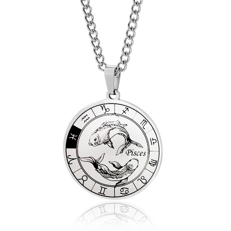 12 Zodiac Sign Stainless Steel Pendant Necklace Engraved Horoscope Coin 60cm Curb Chain Unisex Gift