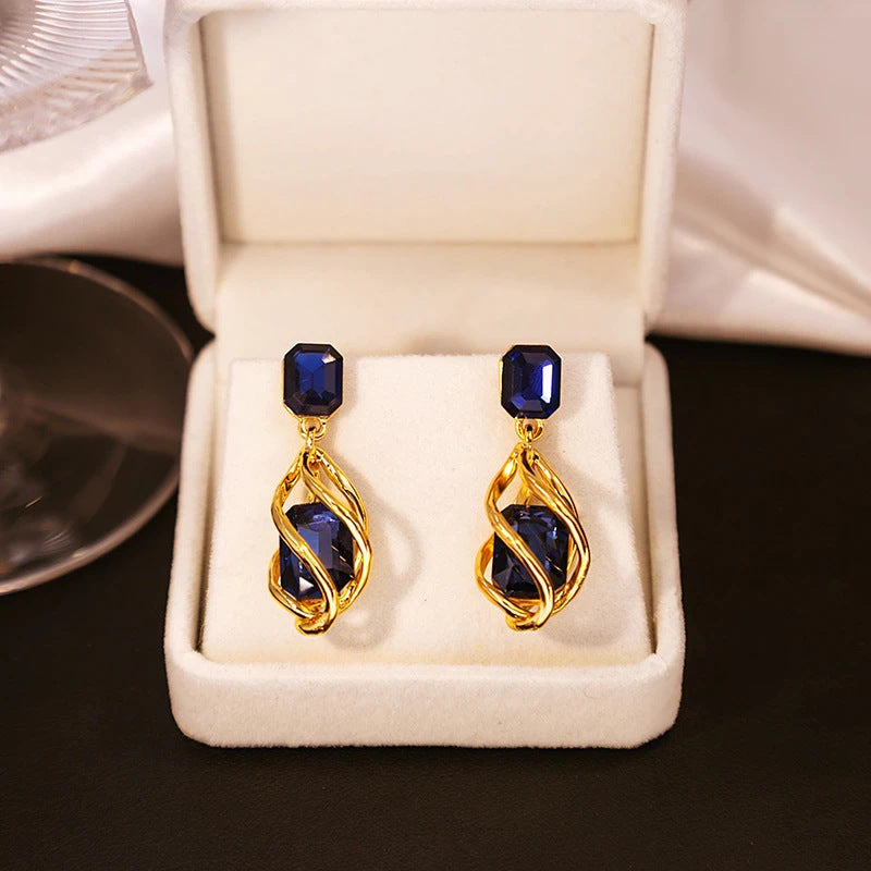 Twisted Spiral Wire Wrapped Sapphire Blue Crystal Drop Earrings 925 Sterling Silver Post Gold Plated Dangle Earrings Elegant Evening Party Jewelry For Women