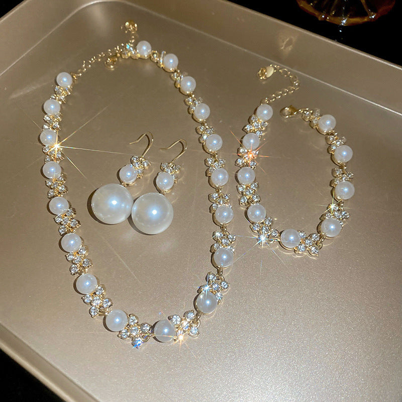 Gold Plated Alloy Pearl Rhinestone Jewelry Set, French Floral Crystal Round Pearl Necklace Bracelet Drop Earrings Matching Set For Women Wedding Party