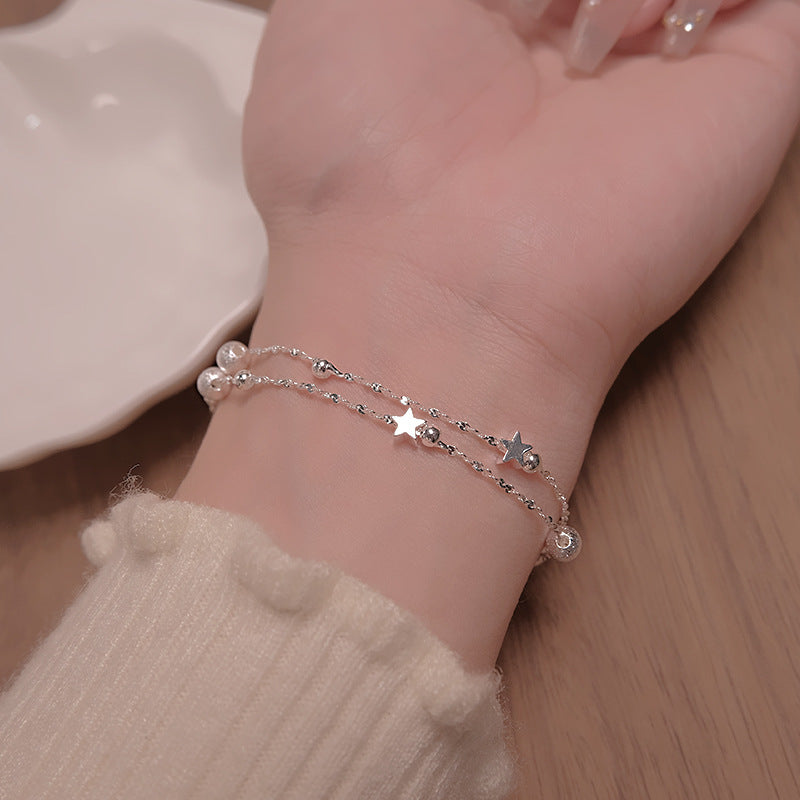 S925 Sterling Silver Double Layer Star Bracelet, Dainty Two-Strand Wrist Chain with Matte Frosted Silver Beads & Tiny Five-Pointed Star Charms Adjustable Extension Chain Minimalist Jewelry Gift for Women