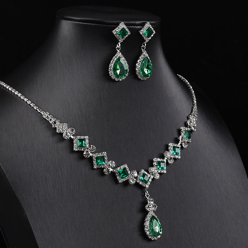 Teardrop Crystal Rhinestone Jewelry Set, Square Cut Gem Necklace & Drop Earrings Wedding Formal Jewelry