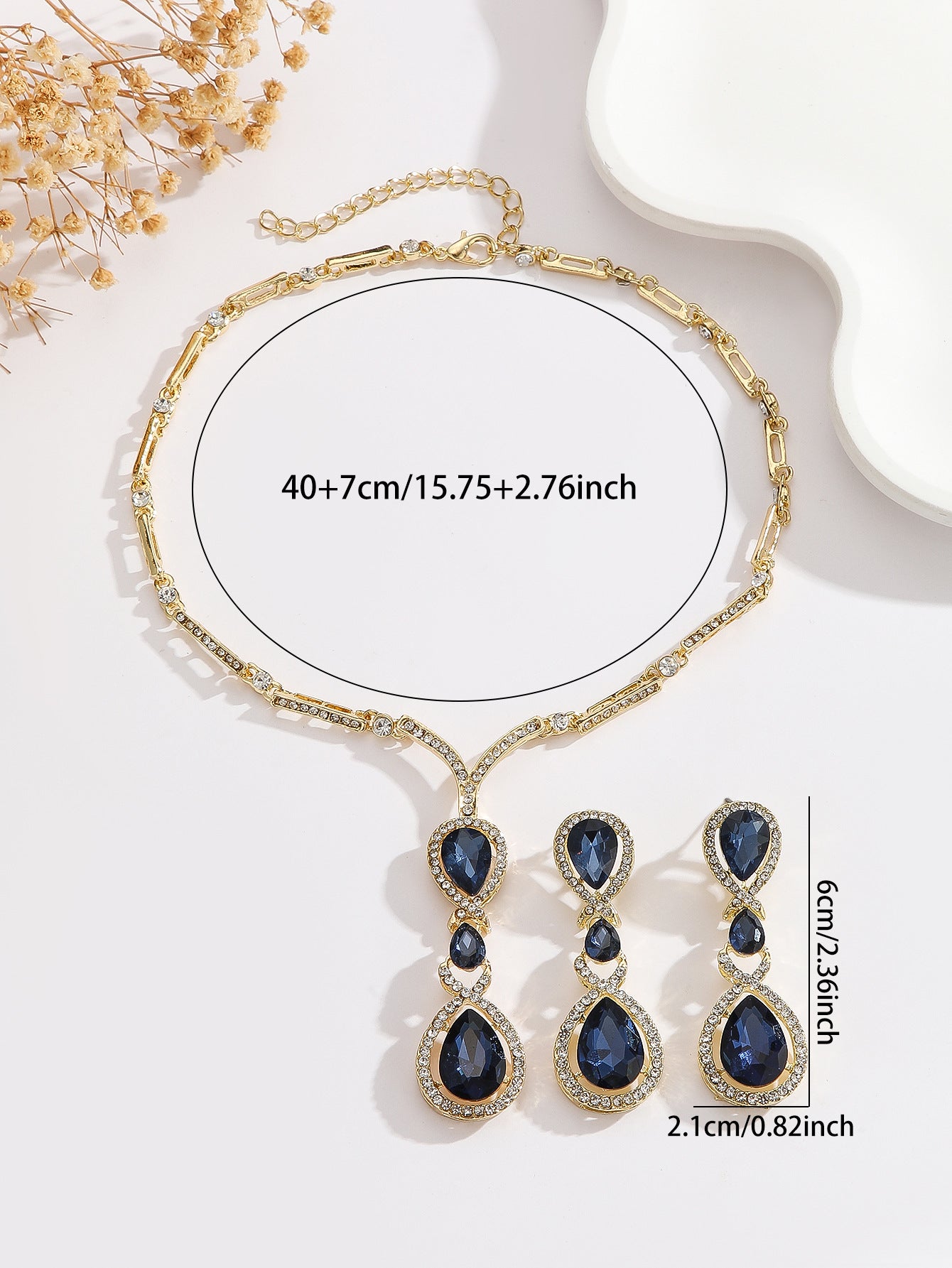Teardrop Sapphire Blue Crystal Drop Necklace & Dangle Earring Jewelry Set
