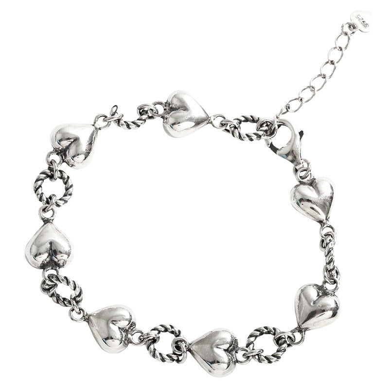 2 Styles S925 Sterling Silver Vintage Bracelet Set, Polished Heart Twisted Link Chain & Textured Coil Tassel Rectangular Paperclip Wrist Chain Adjustable Extension Jewelry for Women