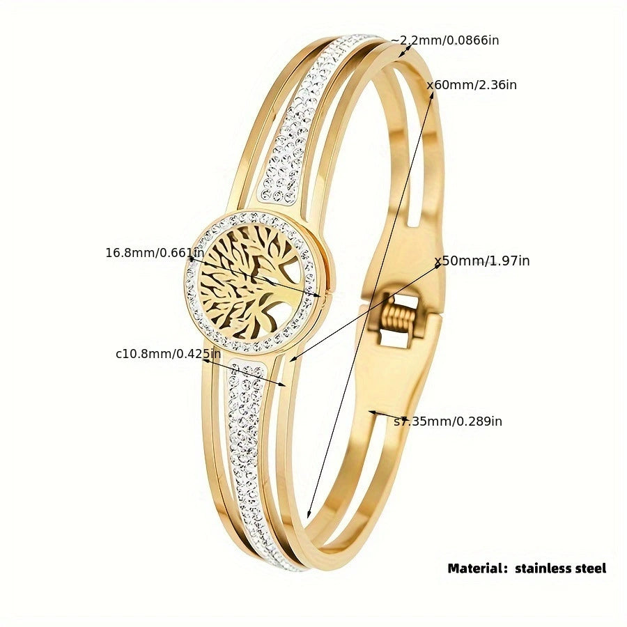 Life Tree Hollow Zircon Inlaid Bangle, Gold Plated Stainless Steel Hypoallergenic Spring Bracelet