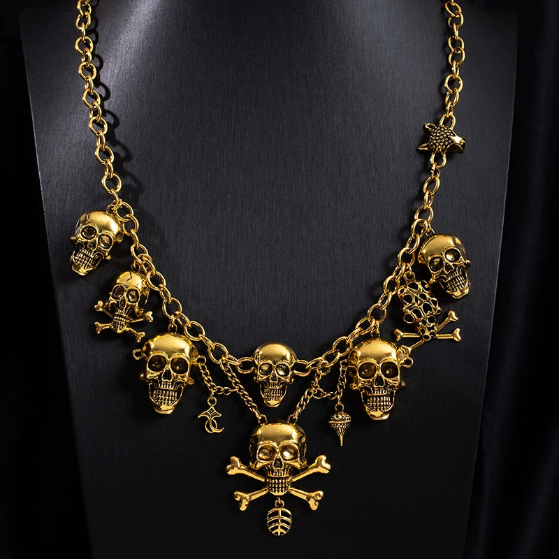 Vintage Gothic Skull Crossbones Jewelry Set, Pirate Skeleton Charm Statement Necklace & Dangle Earrings Halloween Punk Costume Jewelry For Women
