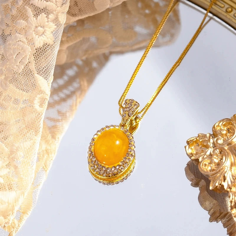 Vintage Oval Cabochon Yellow Amber Pendant Necklace Full Pave Champagne Zircon Halo Thin Gold Snake Chain Luxury Minimalist Layering Clavicle Necklace For Women