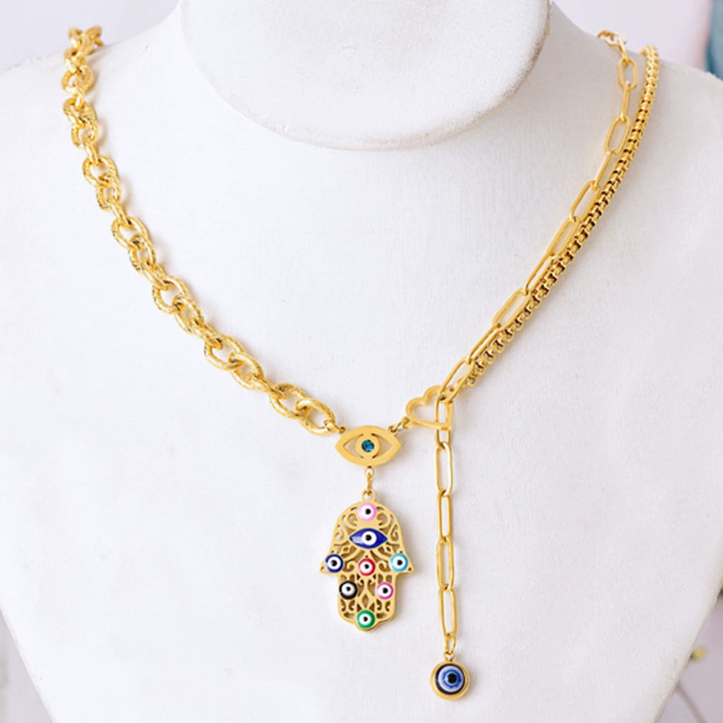 Boho Colorful Enamel Hamsa Hand Evil Eye Pendant Necklace, 18K Gold Plated Stainless Steel Chunky Link Chain Protection Charm Necklace For Women
