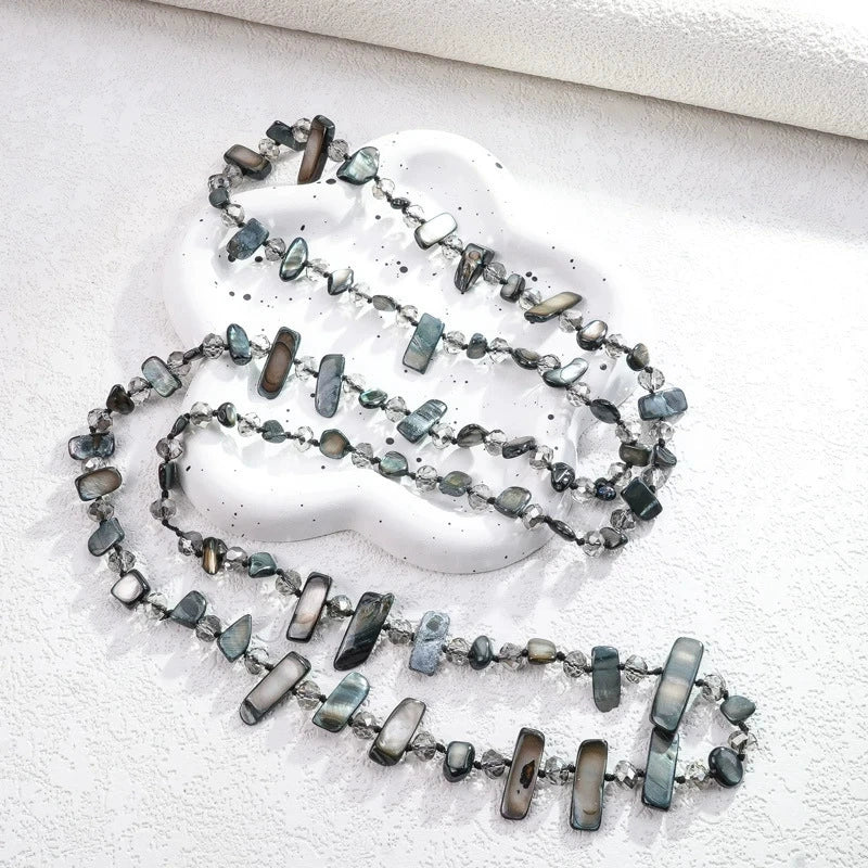 Lightweight Multi-Shape Raw Shell Chip Long Necklace Matte Black Small Crystal Spacers Ethnic Hippie Style Adjustable Sweater Chain Ladies Gift