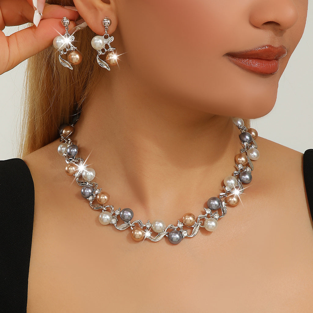 Ensemble de bijoux multicolores en fausses perles et cristal, collier ras-de-cou et boucles d'oreilles pendantes hypoallergéniques en forme de feuille, plaqués argent/or, pour occasions formelles