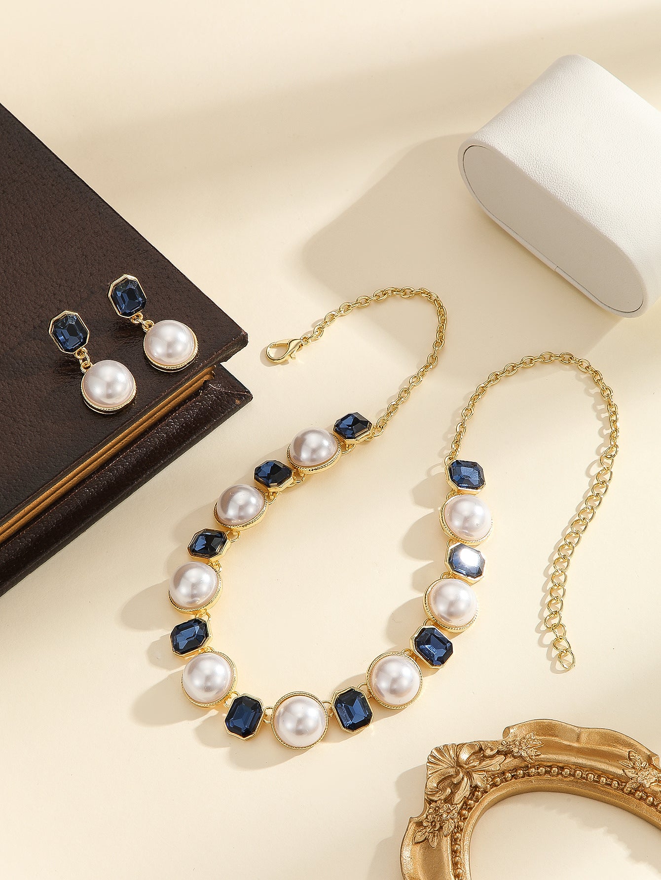Vintage Two-Tone Pearl & Octagonal Crystal Necklace Earring Jewelry Set