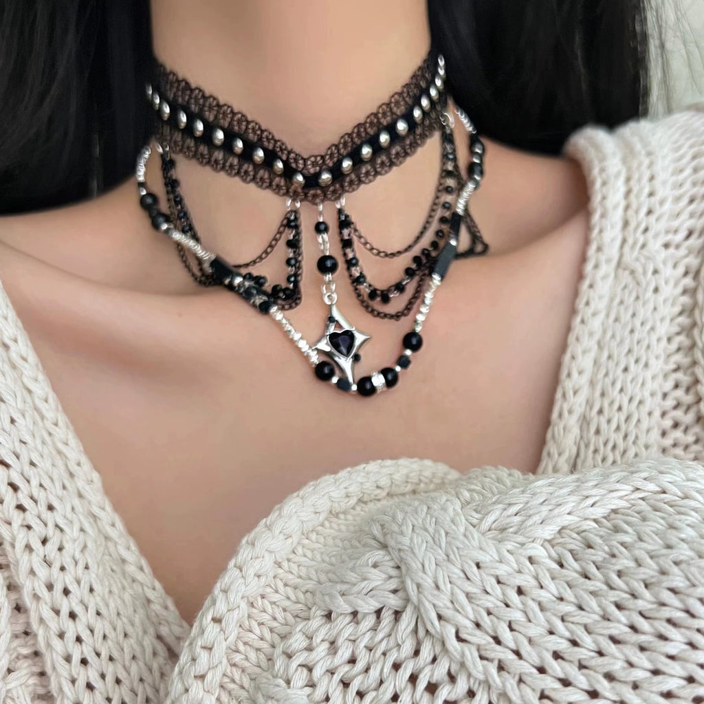 2Pcs Dark Gothic Black Lace Choker & Beaded Chain Necklace Set, Y2K Star Heart Pendant Layered Tassel Choker, Punk Alternative Grunge Jewelry for Women