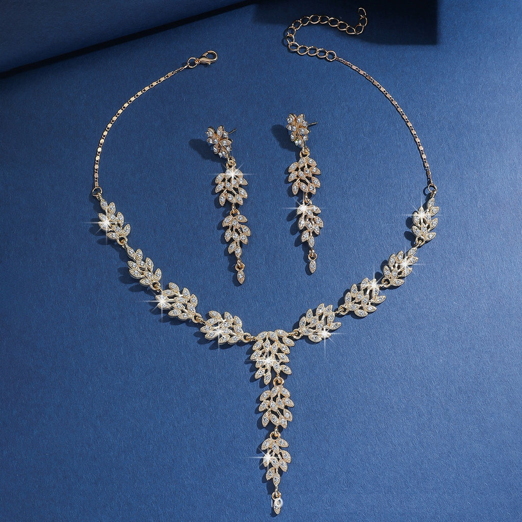 Parure de bijoux en zircon cubique en forme de feuille | Collier et boucles d'oreilles pendantes, hypoallergénique 3 couleurs