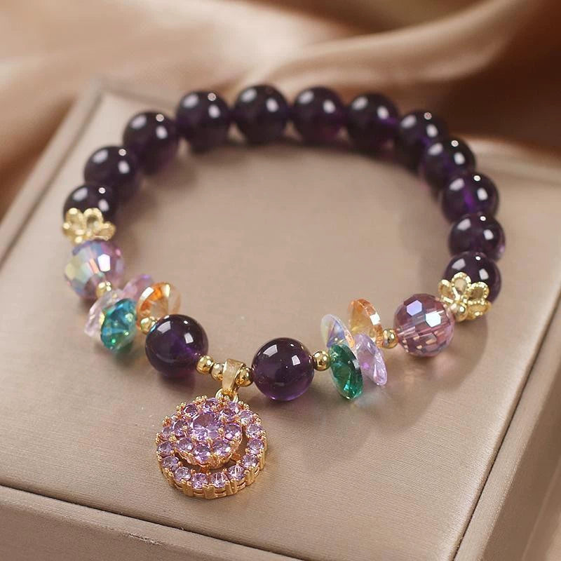 Natural Amethyst Round Bead Bracelet, Vintage Teardrop Pave Crystal Charm Bracelet, Bohemian Forest Style Purple Crystal Stretch Beaded Bracelet for Women Gift