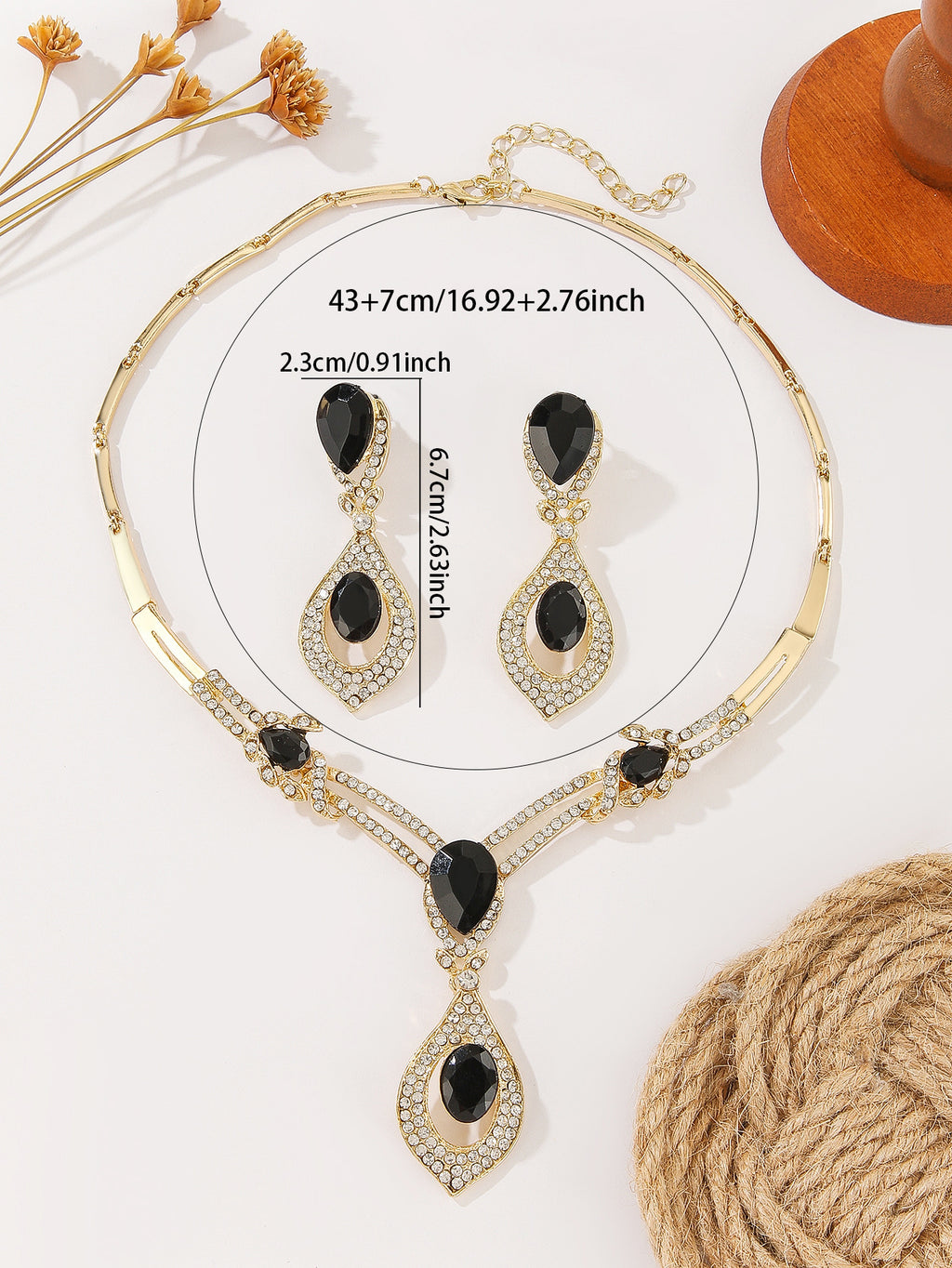 Teardrop Black Crystal Rhinestone Y Drop Necklace & Dangle Earring Set