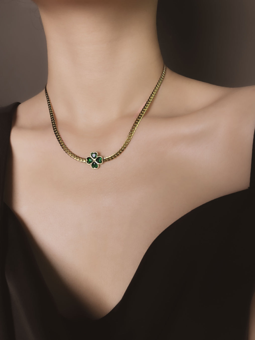 18K Gold Plated Stainless Steel Four Leaf Clover Jewelry Set, Tarnish Resistant Heart Emerald Zircon Cuban Chain Necklace Bracelet Hoop Earrings Set For Women