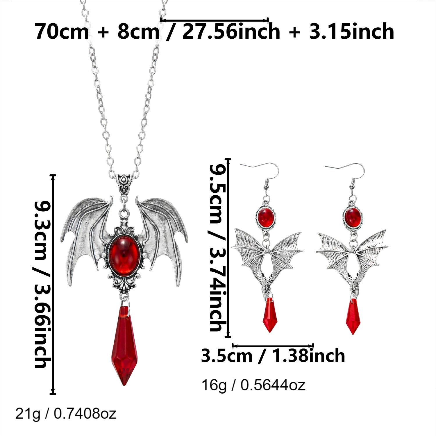 Vintage Gothic Bat Wing Jewelry Set, Halloween Crystal Pendant Necklace & Dangle Earrings Set Dark Punk Demon Wing Matching Jewelry For Women