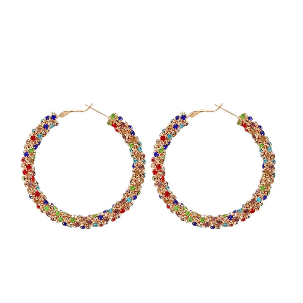 Colorful Rhinestone Hoop Earrings, Hypoallergenic Large Circle Crystal Ear Jewelry