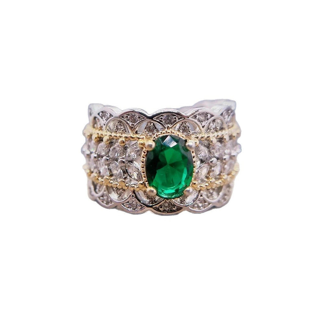 Baroque Royal Hollow Lace Texture Emerald Green Gem Open Ring Bi-Color Antique Plating Multi-Layer Marquise Zircon Inlaid Adjustable Wide Band Ladies Evening Jewelry