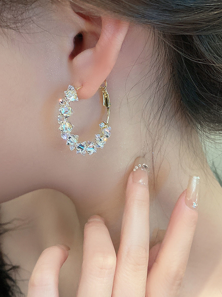 Dainty C-Shape Hoop Earrings, Full Paved Multi-Faceted Cubic Zirconia Crystal Oval Huggie Earrings Gold Plated Sparkly Statement Earrings for Women Wedding Party Dating