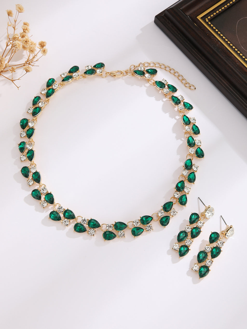 Teardrop Sapphire/Emerald Crystal Necklace & Drop Earring Formal Jewelry Set