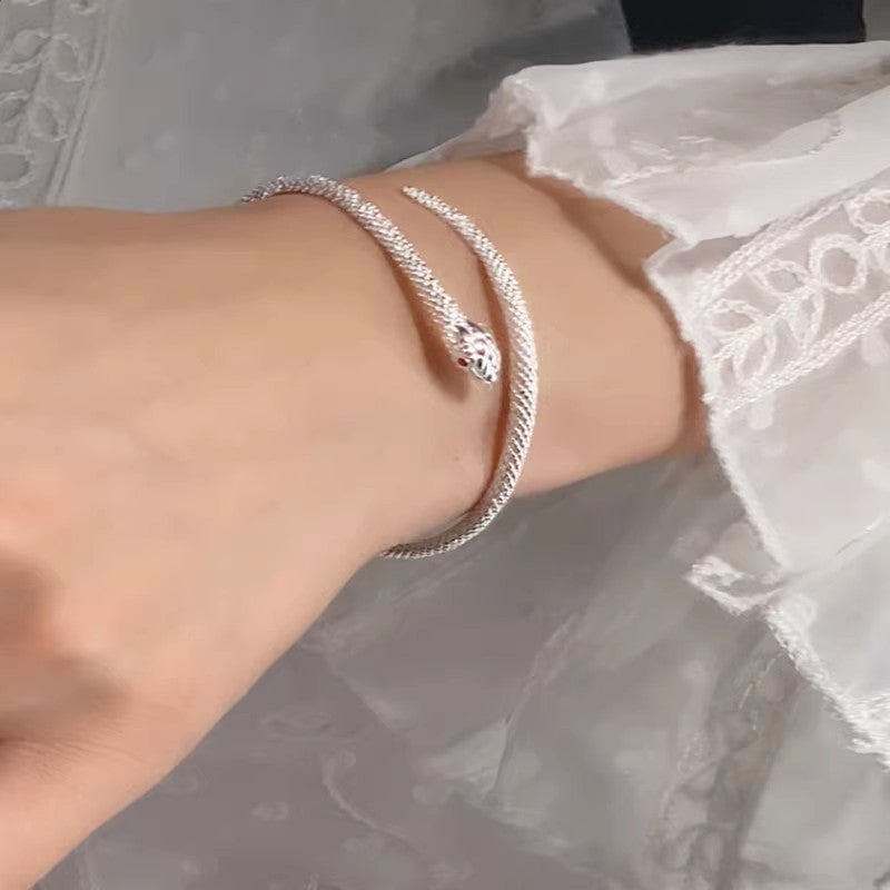 Vintage Open Cuff Snake Bangle Bracelet, Detailed Textured Scale Silver Plated Snake Wrist Cuff with Pink Crystal Eye Gothic Minimalist Jewelry for Women