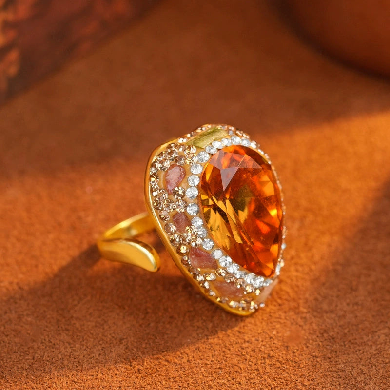 Vintage Large Pear Shape Thermochromic Mood Crystal Ring Full Surround Clear Rhinestone Adjustable Open Band Anti-Fade Gold Ladies Evening Party Jewelry Gift
