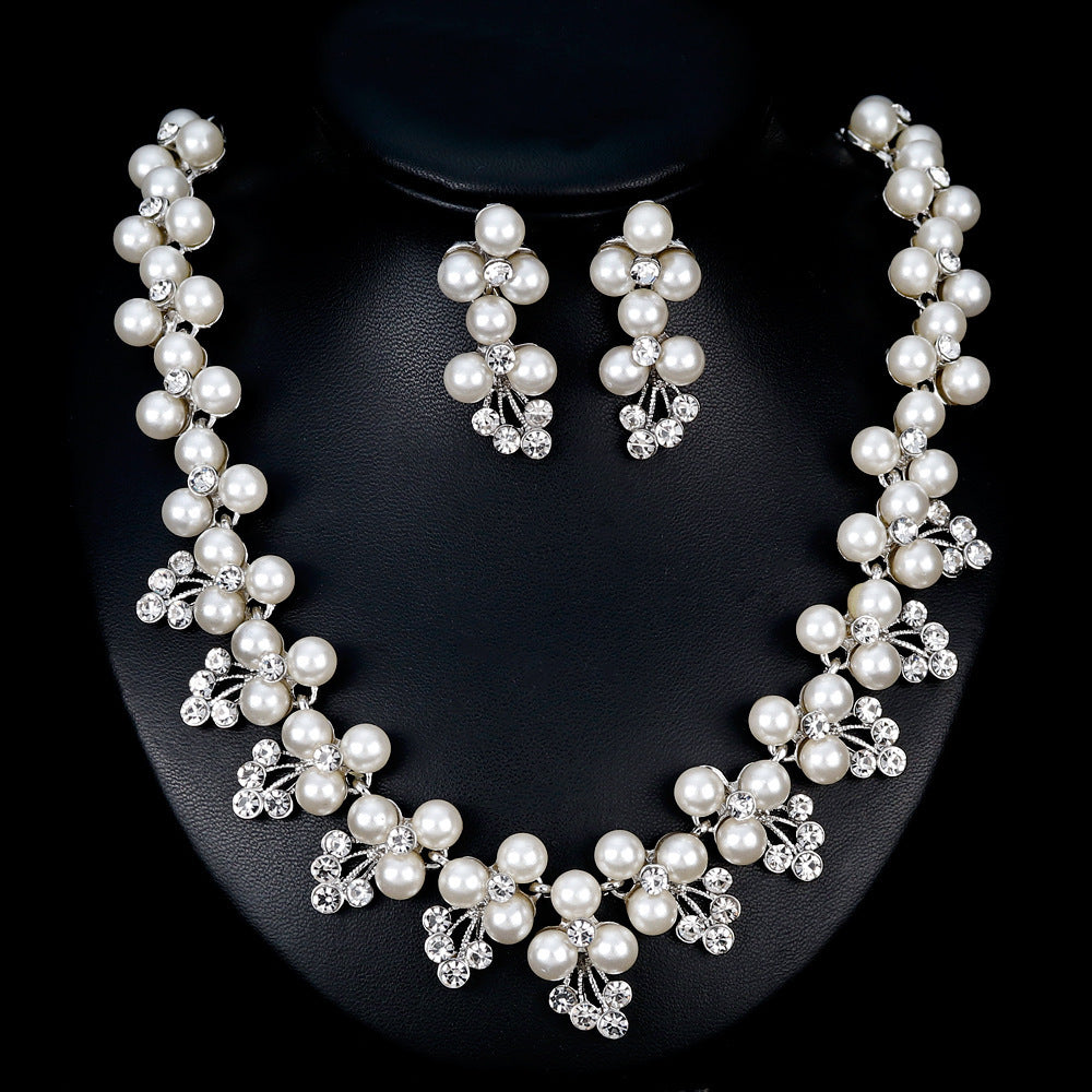 Pearl & Cubic Zirconia Bridal Jewelry Set | Necklace & Drop Earrings, Hypoallergenic Gold/Silver