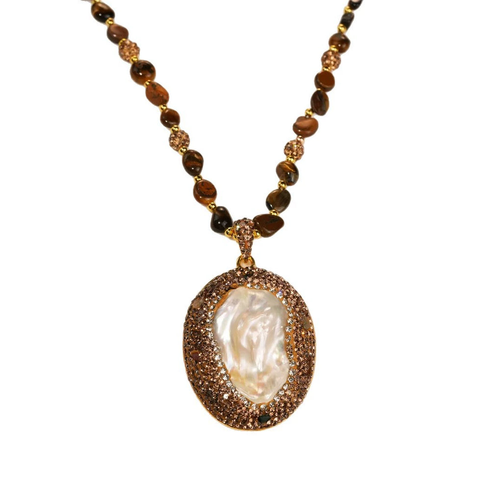 Vintage Natural Baroque Pearl Pendant Long Sweater Necklace Irregular Tiger Eye Stone Beaded Chain Full Champagne Rhinestone Oval Frame Women Retro Layer Jewelry