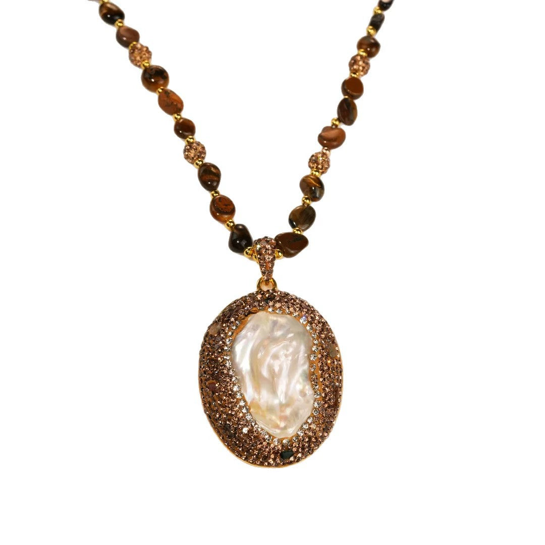 Vintage Natural Baroque Pearl Pendant Long Sweater Necklace Irregular Tiger Eye Stone Beaded Chain Full Champagne Rhinestone Oval Frame Women Retro Layer Jewelry