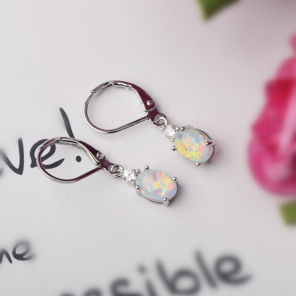 Oval Opal Leverback Drop Earrings, Silver & Rose Gold Plated
