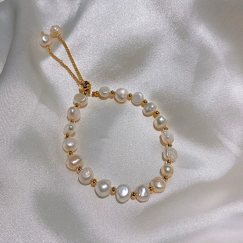 Natural Freshwater Baroque Pearl Adjustable Bracelet, 18K Gold Plated Dainty Irregular Pearl Beaded Bracelet For Women