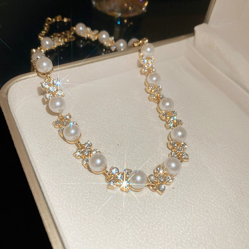 Gold Plated Alloy Pearl Rhinestone Jewelry Set, French Floral Crystal Round Pearl Necklace Bracelet Drop Earrings Matching Set For Women Wedding Party