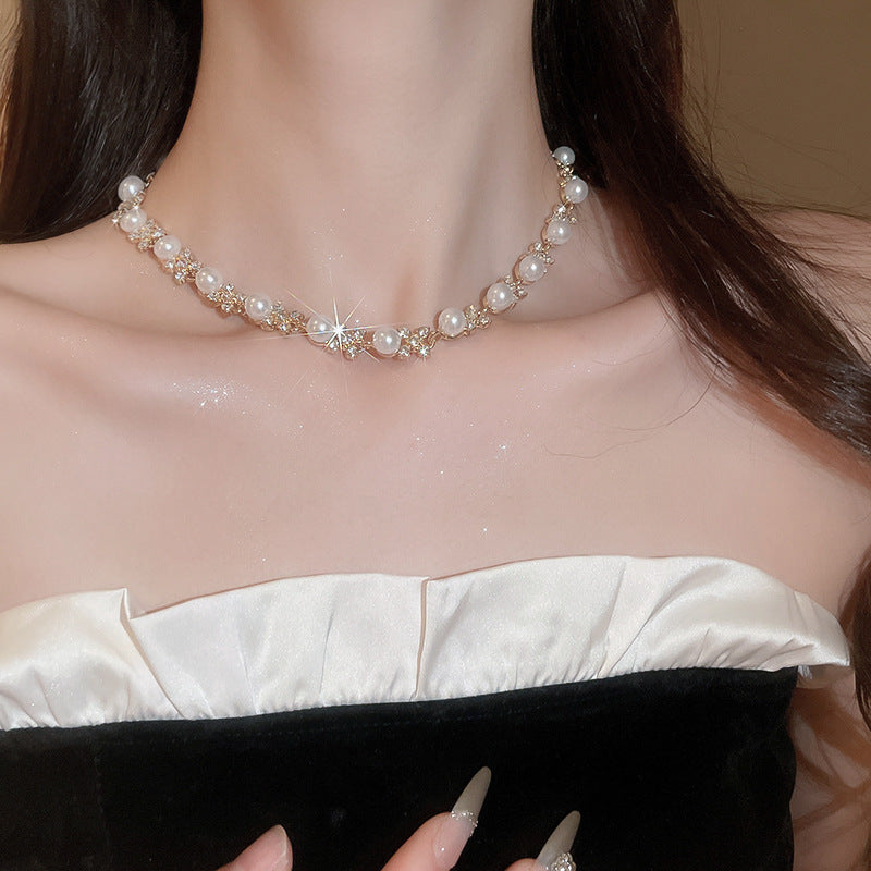 Gold Plated Alloy Pearl Rhinestone Jewelry Set, French Floral Crystal Round Pearl Necklace Bracelet Drop Earrings Matching Set For Women Wedding Party