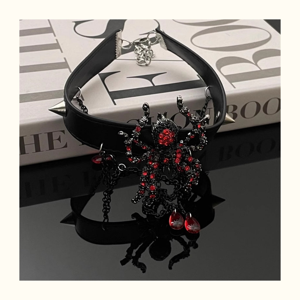 Gothic Red Rhinestone Spider PU Leather Choker, Vintage Spike Tassel Blood Drop Crystal Spider Choker Necklace Halloween Punk Jewelry For Women
