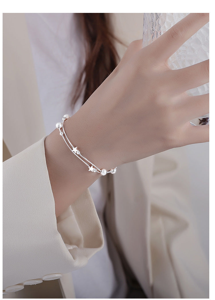 S925 Sterling Silver Double Layer Star Bracelet, Dainty Two-Strand Snake Chain Wrist Bracelet with Matte Frosted Beads & Tiny Star Charms Adjustable Extension Chain for Women Minimalist Daily Jewelry Gift