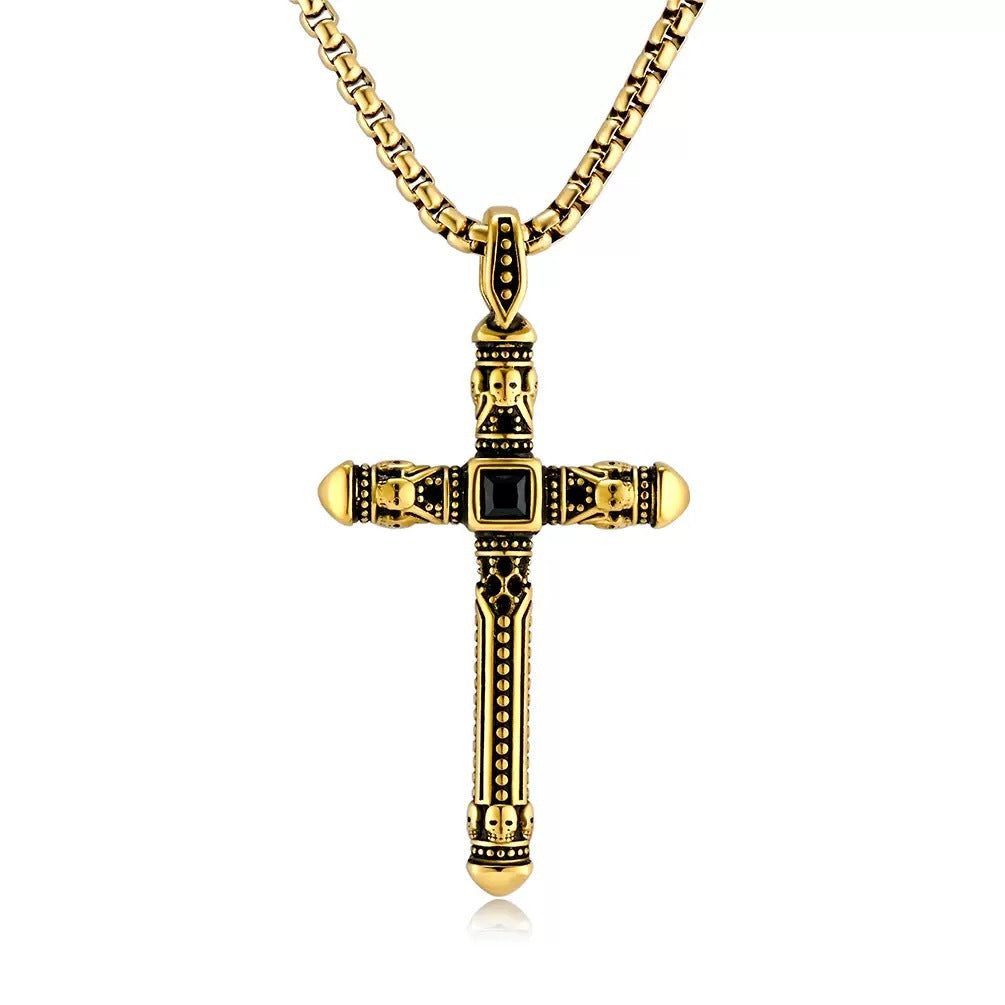 Mens Vintage Skull Cross Pendant Stainless Steel Necklace 60cm Box Chain Black Onyx Punk Biker Jewelry Silver Gold