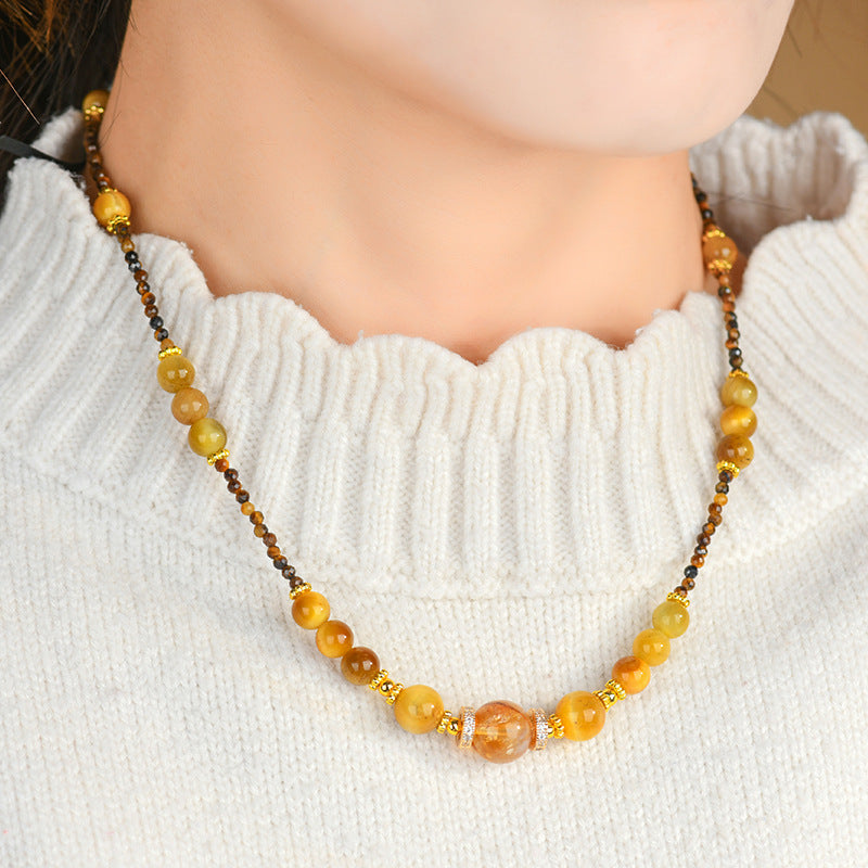 Natural Golden Tiger Eye & Yellow Rutilated Quartz Choker Necklace for Women, Dainty Beaded Tiger Eye Stone Collarbone Necklace with Extension Chain, Crystal Healing Jewelry Gift