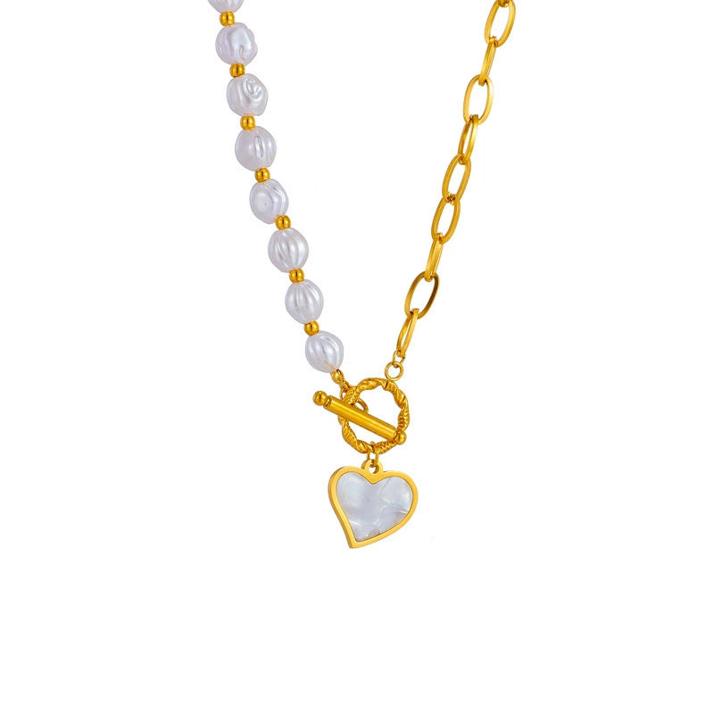 Asymmetric Pearl Heart Shell Pendant Necklace, Hypoallergenic Titanium Steel OT Toggle Choker