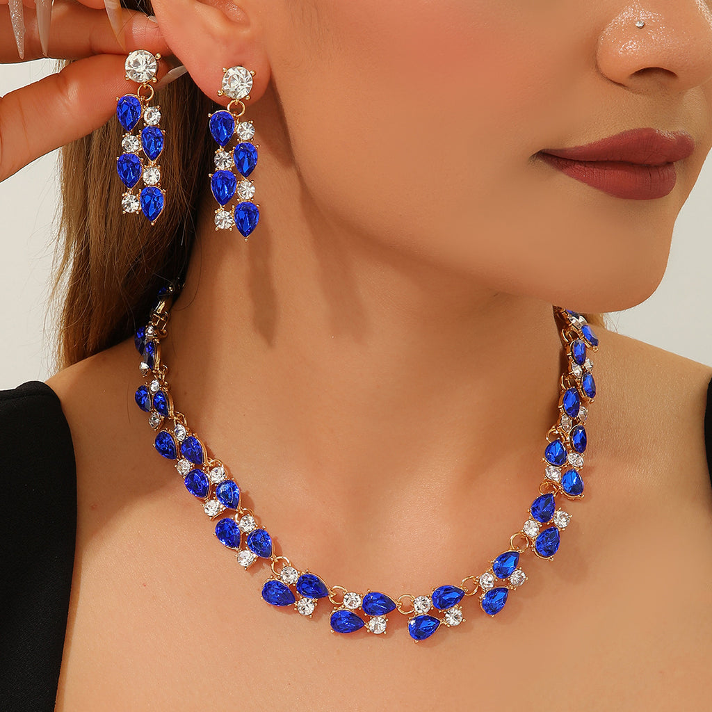 Teardrop Sapphire/Emerald Crystal Necklace & Drop Earring Formal Jewelry Set