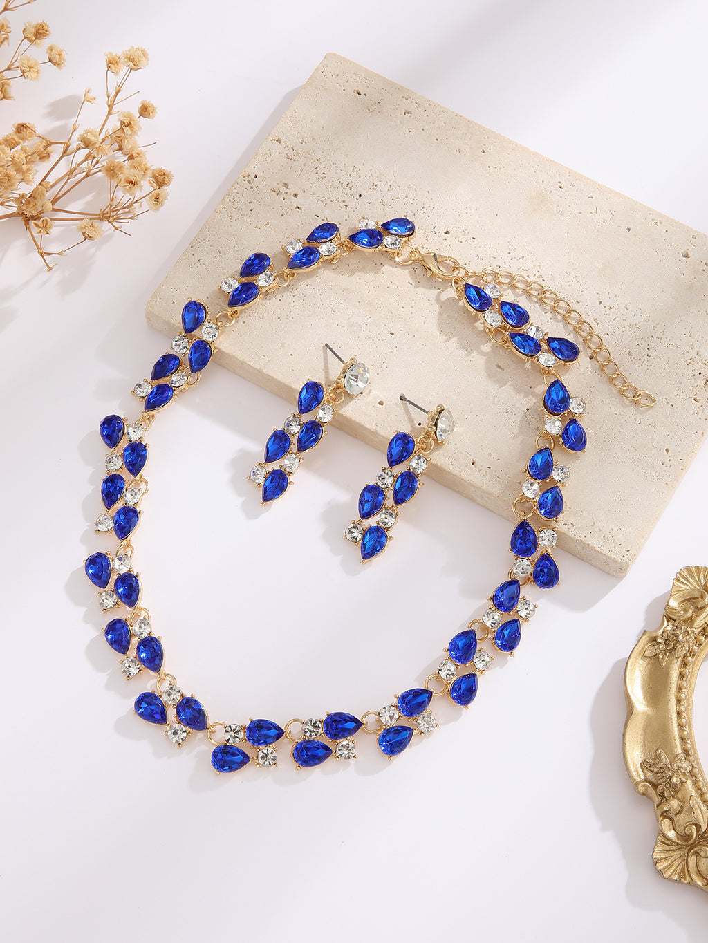 Teardrop Sapphire/Emerald Crystal Necklace & Drop Earring Formal Jewelry Set