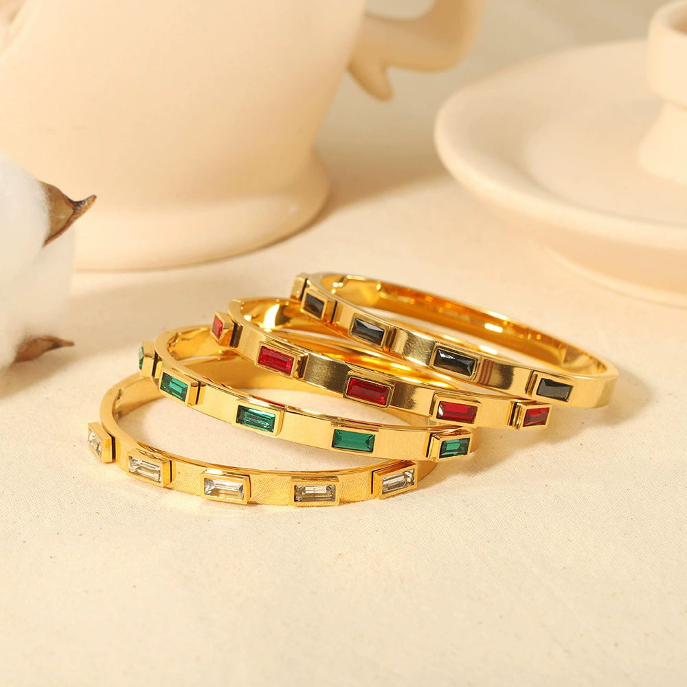18K Gold Plated Stainless Steel Baguette Cubic Zirconia Hinged Bangle, Tarnish Resistant Rectangle Crystal Open Cuff Bracelet Stackable Jewelry For Women