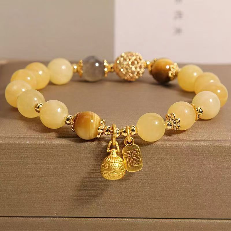 Vintage Golden Money Swallow Beast Bracelet with Hollow Ornate Ball, Natural Topaz & Grey Moonstone Tiger Eye Beaded Bracelet, Wealth Luck Crystal Jewelry Gift for Women