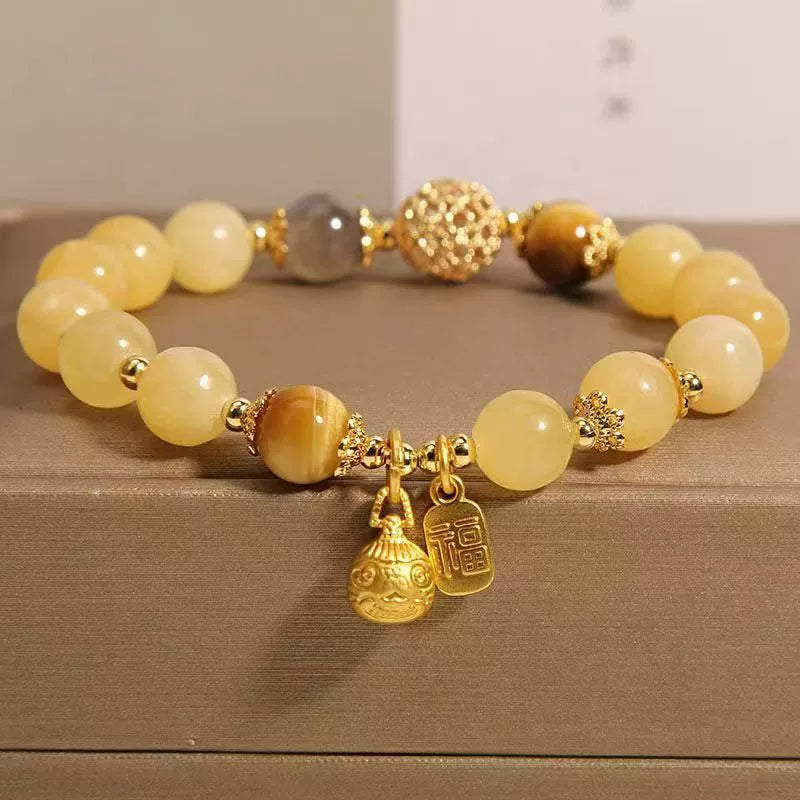 Vintage Golden Money Swallow Beast Bracelet with Hollow Ornate Ball, Natural Topaz & Grey Moonstone Tiger Eye Beaded Bracelet, Wealth Luck Crystal Jewelry Gift for Women