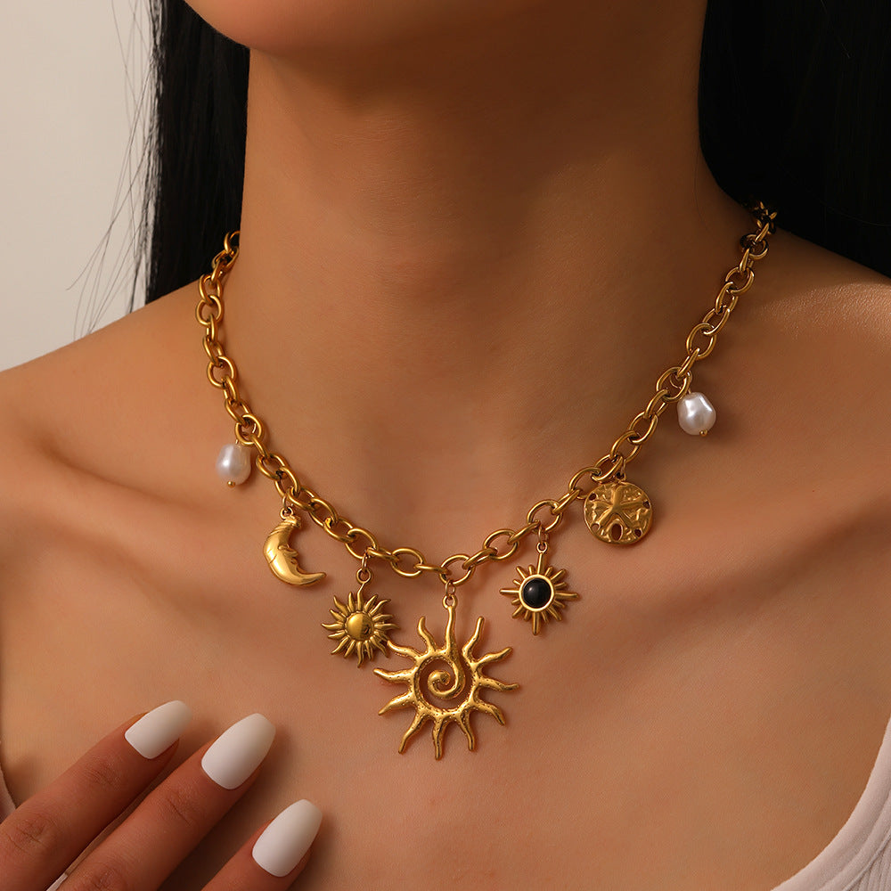 18K Gold Plated Stainless Steel Sun Moon Starfish Pearl Charm Choker Necklace, 41+6cm Adjustable Chunky Chain Necklace