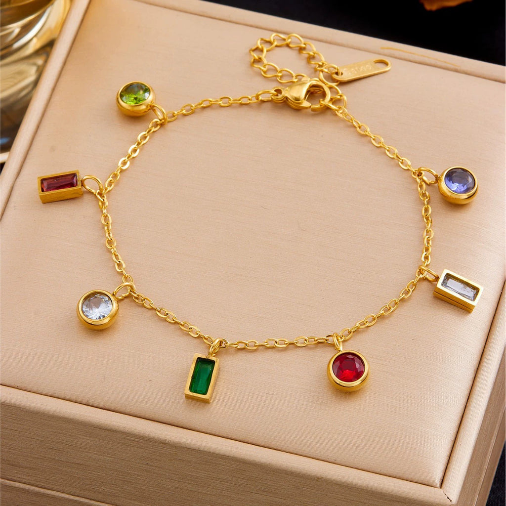 Colorful Zircon Gold Plated Bracelet, Anti-allergy Stainless Steel, No Fade Charm Bangle