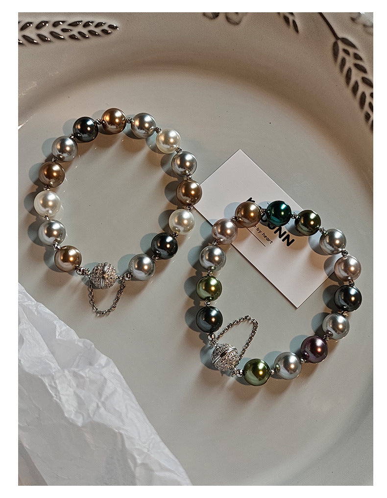 Multi-Color Tahitian Aurora Imitation Pearl Beaded Bracelet, Anti-Lost Magnetic Clasp Mixed Tone Glossy Pearl Stack Wrist Bracelet for Women Wedding Party Elegant Daily Jewelry