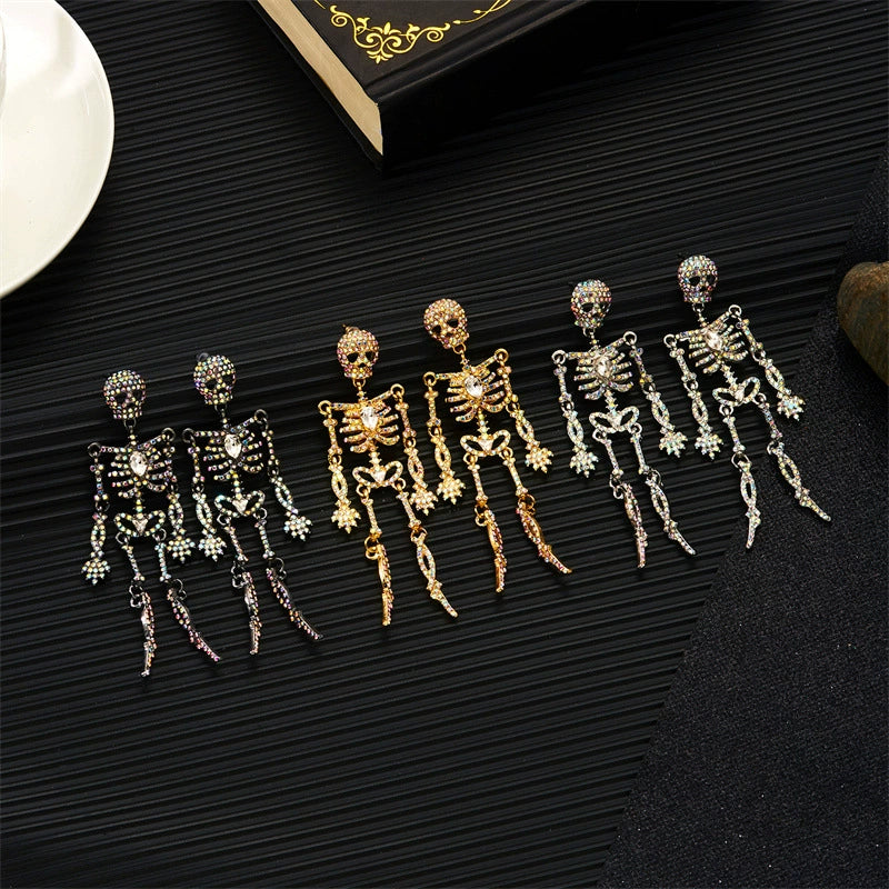 Rhinestone Skeleton Dangle Earrings, Vintage Articulated Skull Drop Earrings Gothic Halloween Party Statement Earrings For Women