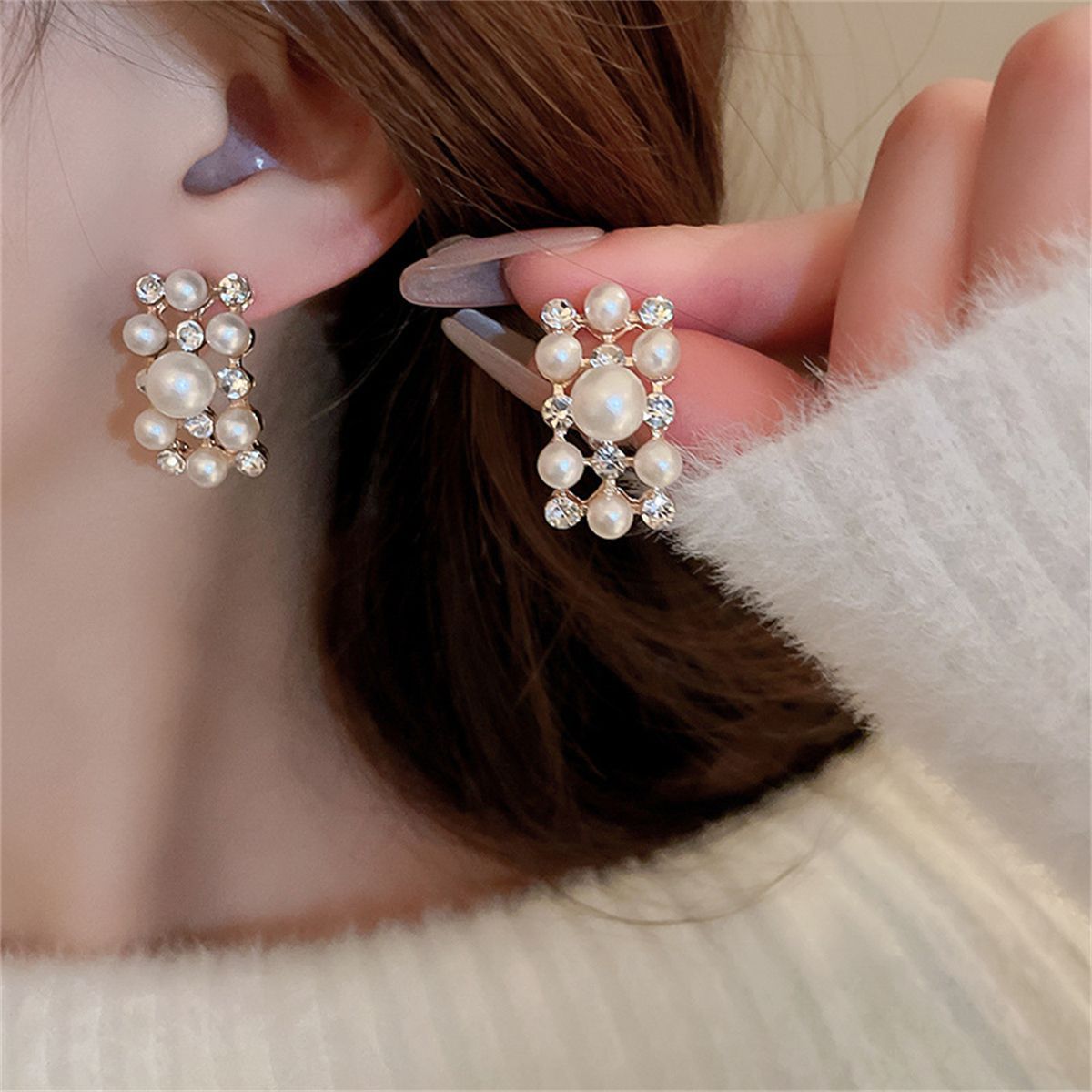 Multi-Size Faux Pearl Rhinestone Choker Jewelry Set, Necklace & Stud Earrings